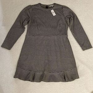 Loft black tan long sleeve ruffle knit dress 14 NWT